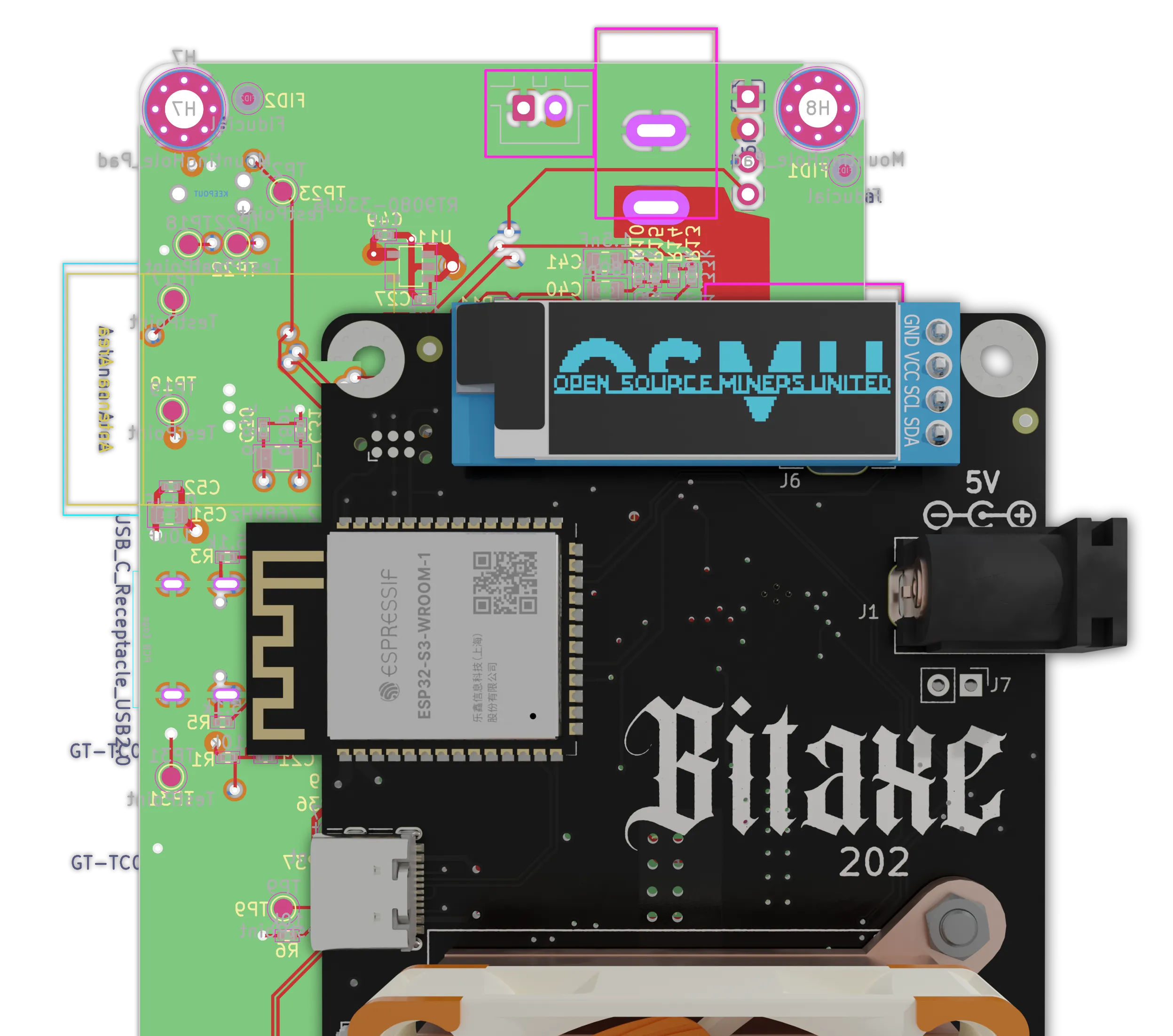 A render of the Bitaxe and its schematic behind it.